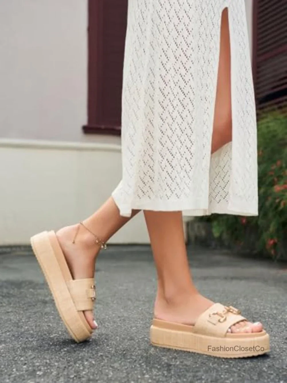 Raffia Espadrilles Platform Sandals with Metal Chain - Slip On Open Toe Summer
